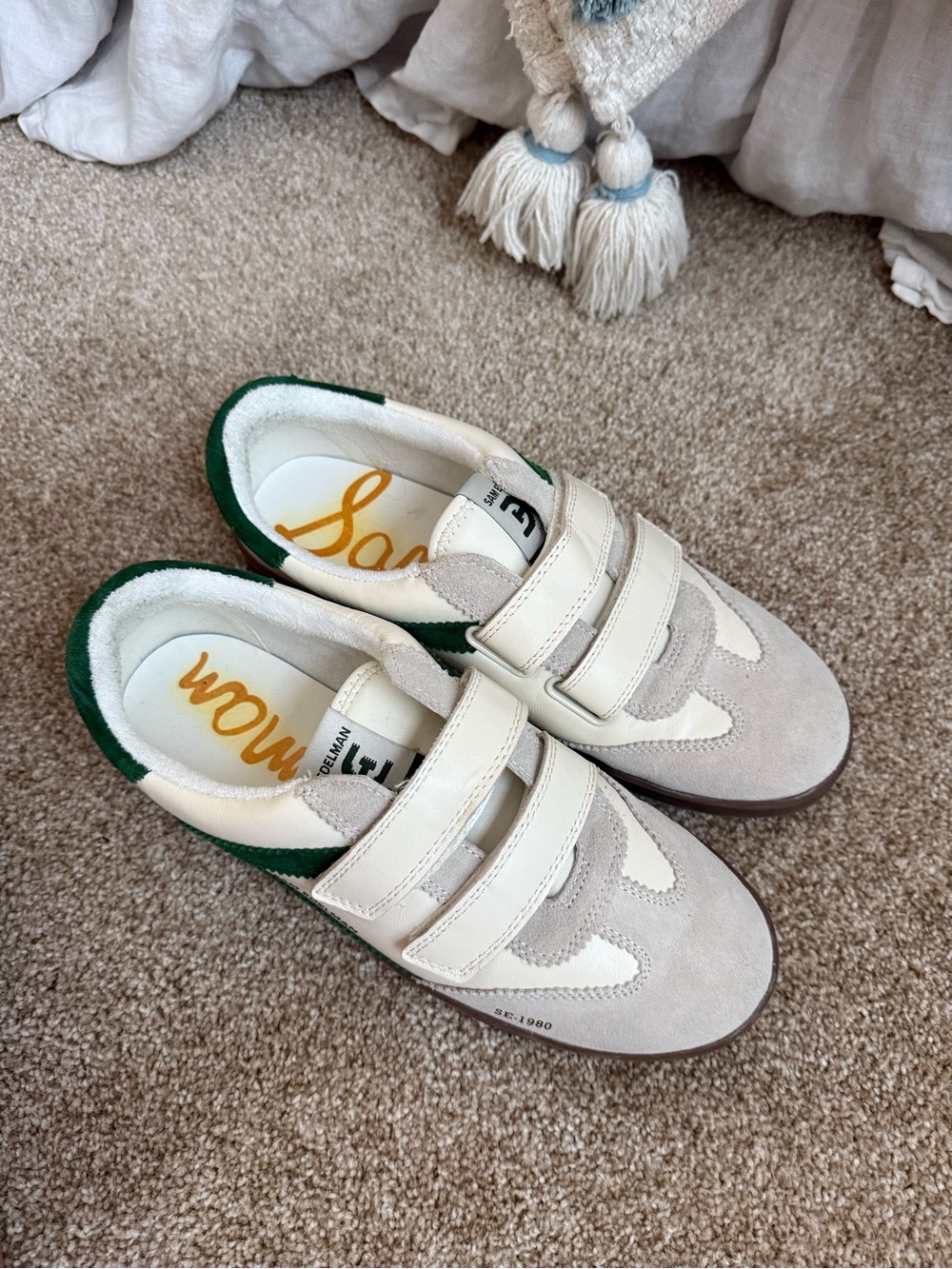 Sam Edelman Cream Suede Sneakers with Green Heel Accent
